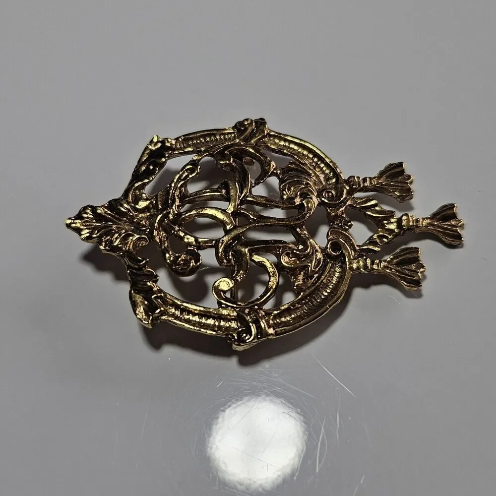 Victorian Revival Brooch Nondescriptive Scroll Girandole Tassels Vintage Gold Tn